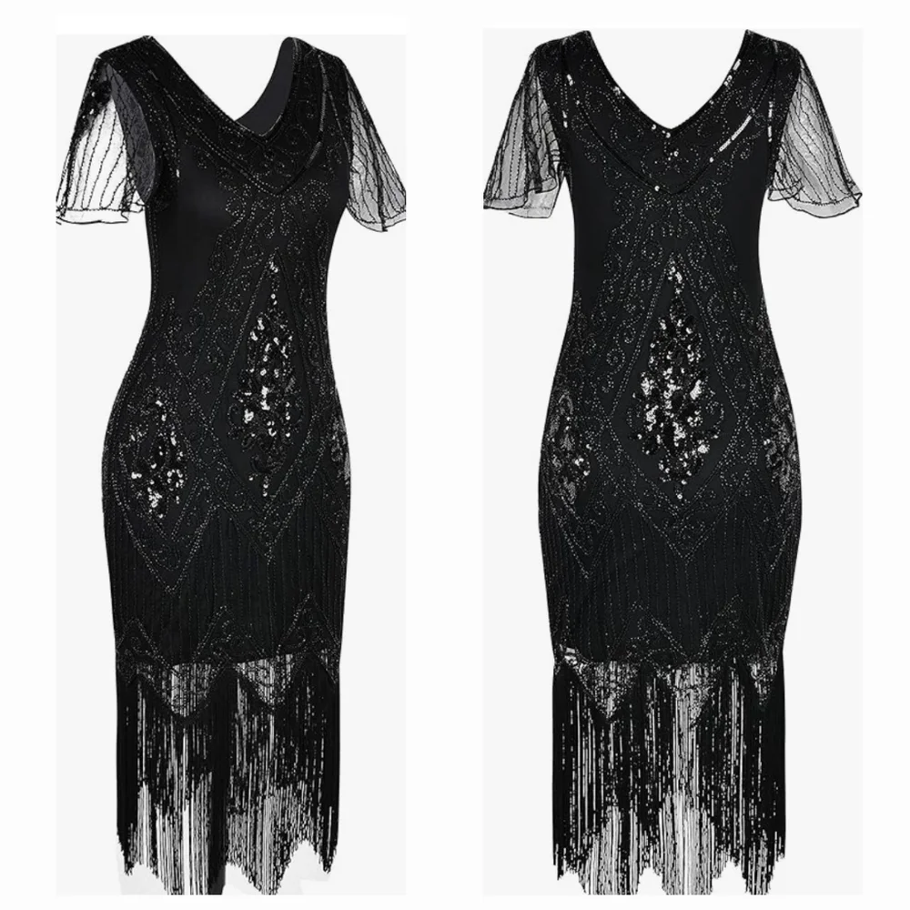 1920s Flapper Black Beaded Fringe High-Low Dress